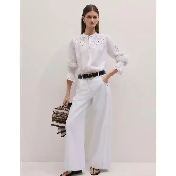 ME+EM White Broderie Eyelet Lace Embroidered Blouse Cotton Voile 2 XS Cottage - Picture 4 of 13